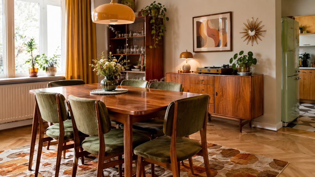 Na tym obrazie przedstawiona jest elegancka i przytulna jadalnia urządzona w stylu retro, wyraźnie nawiązująca do wzornictwa mid-century modern