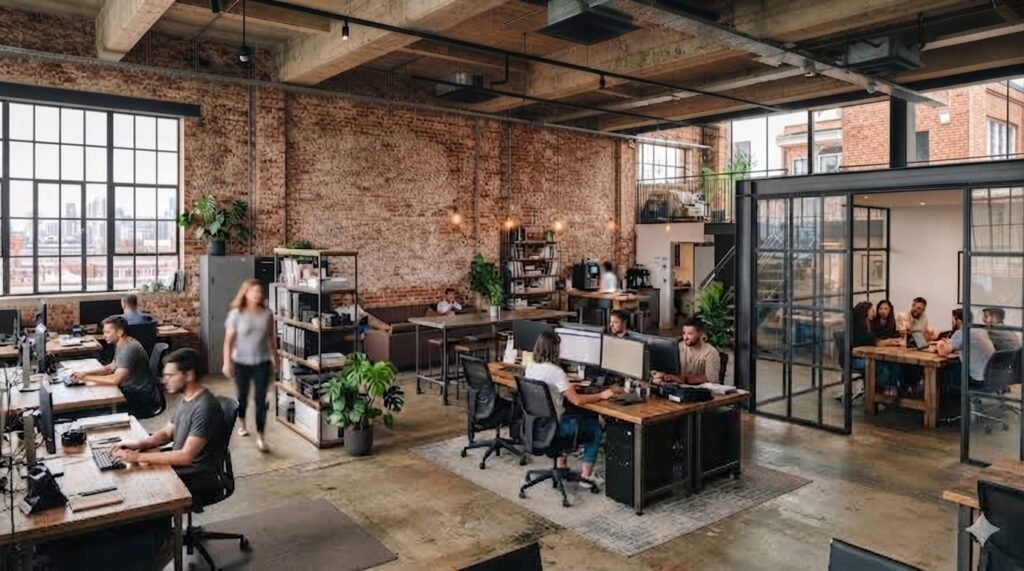 Obraz przedstawia wnętrze nowoczesnego biura typu open space, zaaranżowane w stylu industrialnym