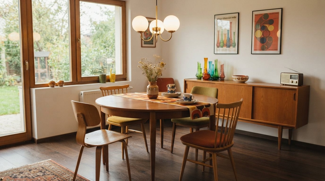 Na obrazzie przedstawiona jest przytulna jadalnia urządzona w stylu retro, nawiązującym do wzornictwa mid-century modern z lat 50., 60. i 70. XX wieku